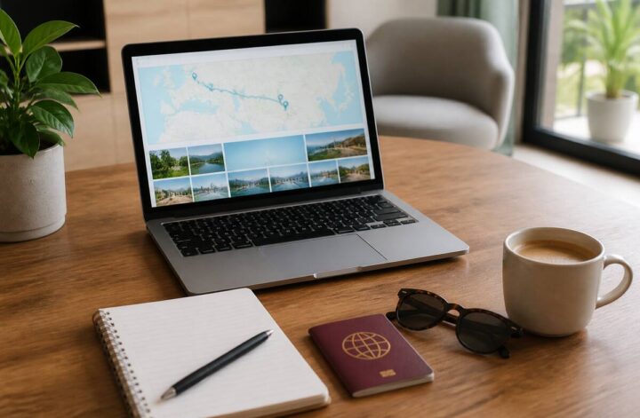 Reiziger vergelijkt vakanties op een laptop met reisbenodigdheden op tafel