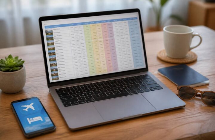 Reizen vergelijken op een laptop met reisdocumenten en telefoon