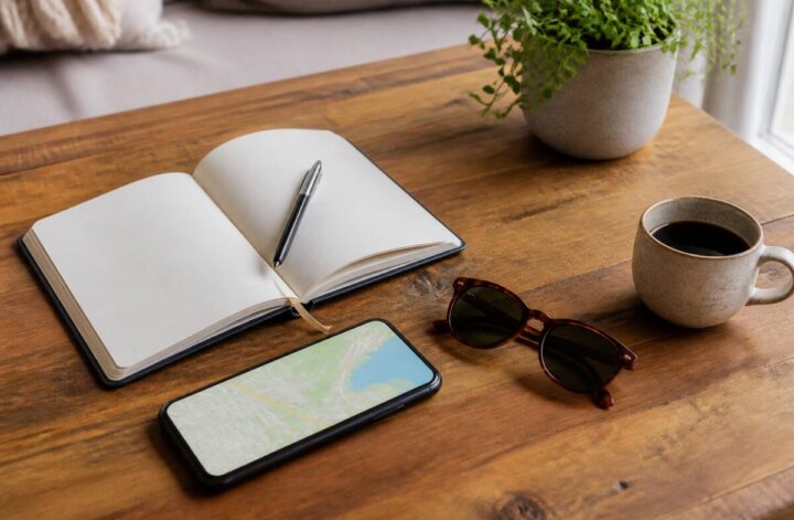 Notitieboek en reisbenodigdheden op tafel tijdens het plannen van een vakantie