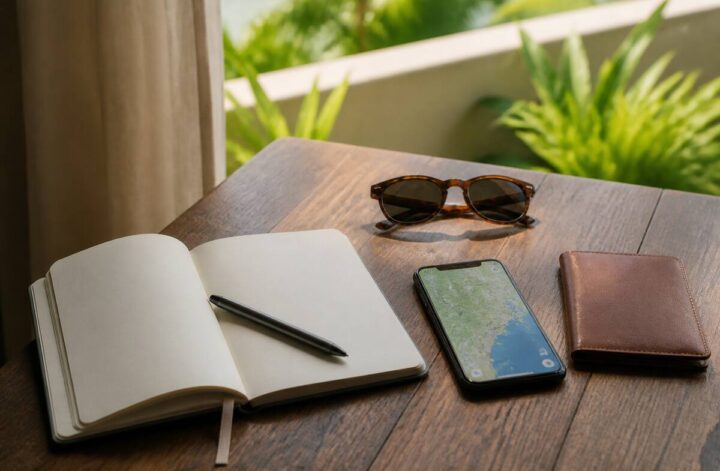 Notitieboek en reisbenodigdheden op tafel tijdens het plannen van een vakantie