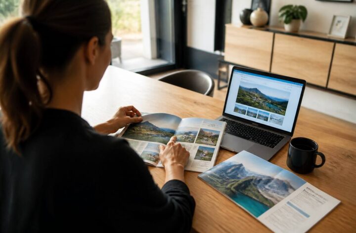 Persoon die op een laptop reisopties vergelijkt aan een houten tafel