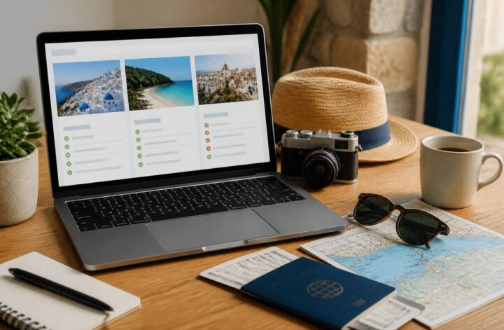 Vakantie vergelijken op een reisplanner-setup met laptop en reisonderlagen