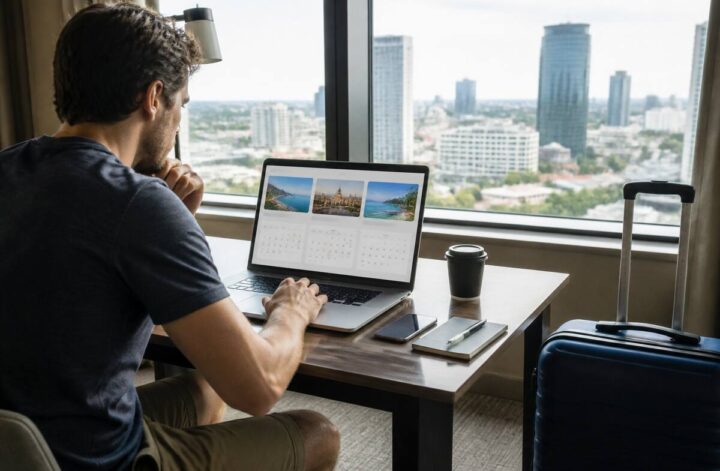 Reiziger vergelijkt vakanties op een laptop aan een bureau met reisdocumenten en een koffer