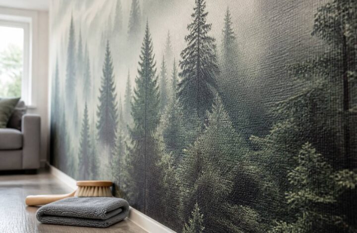 Microvezeldoek en zachte borstel voor het onderhouden van fotobehang in een woonkamer