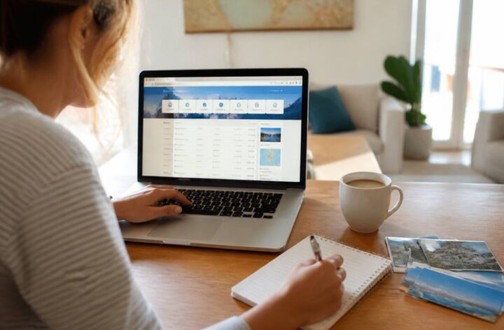 Iemand vergelijkt vakanties op een laptop met reisnotities bij een raam met daglicht.